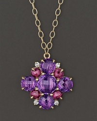 A brilliant cluster of faceted amethyst, rhodolite and diamond adds bright color to gleaming 18K yellow gold. By Carelle.