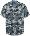 Whether you're vacationing in the tropics, or staycation-ing in the suburbs, this American Rag shirt is a must-have.