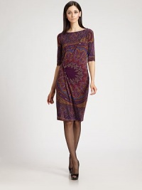 Soft, fluid jersey in a vibrant paisley-inspired print, tailored with an artfully draped tuck detail.BoatneckThree-quarter sleevesTucked front detailAbout 32 from natural waist85% viscose/8% elastane/7% cashmereDry cleanMade in ItalyModel shown is 5'11 (180cm) wearing US size 4. Soft, fluid jersey in a vibrant paisley-inspired print, tailored with an artfully draped tuck detail.BoatneckThree-quarter sleevesTucked front detailAbout 32 from natural waist85% viscose/8% elastane/7% cashmereDry cleanMade in ItalyModel shown is 5'11 (180cm) wearing US size 4.