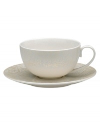 A soft, feminine look with Denby durability, the Lucille Gold teacup promises lasting style and modern grace. In a pattern inspired by vintage lace and designed by English stylemaker, Monsoon, shimmering gold swirls adorn creamy porcelain in this set of dinnerware. The dishes are beautiful for every day and occasion. A soft, feminine look with Denby durability, the Lucille Gold teacup promises lasting style and modern grace. In a pattern inspired by vintage lace and designed by English stylemaker, Monsoon, shimmering gold swirls adorn creamy porcelain in this set of dinnerware. The dishes are beautiful for every day and occasion.