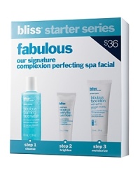 An at-home introduction to Bliss spas signature complexion-perfecting Fabulous Facial, this kit will leave you looking skin-credible in three simple steps. Includes introductory sizes of our top fab for all skin types formulas: fabulous foaming face wash (2 oz.), fabulous every day eye cream (.1 oz.) and fabulous face lotion SPF 15 (.5 oz.). An at-home introduction to Bliss spas signature complexion-perfecting Fabulous Facial, this kit will leave you looking skin-credible in three simple steps. Includes introductory sizes of our top fab for all skin types formulas: fabulous foaming face wash (2 oz.), fabulous every day eye cream (.1 oz.) and fabulous face lotion SPF 15 (.5 oz.).