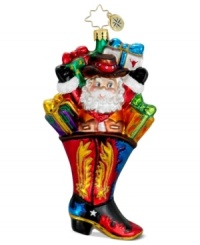 Merry Christmas, ya'll! Santa kicks the holidays off right in a Texas-sized boot from Christopher Radko. Hand-painted flame and star detail from heel to toe, plus chili pepper and cactus wrapping paper, make it must-have. Merry Christmas, ya'll! Santa kicks the holidays off right in a Texas-sized boot from Christopher Radko. Hand-painted flame and star detail from heel to toe, plus chili pepper and cactus wrapping paper, make it must-have.
