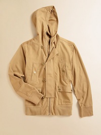 Blending the cool style of a motorcycle jacket with the supreme softness of a knit, this lightweight cotton cover-up is finished with a warm waffle-knit lining and antiqued hardware.Attached hoodLong sleevesFull-zip front with button-and-loop closureAngled snap-welt pocketsSnap-flap patch pocketsCottonMachine washImported Please note: Number of buttons may vary depending on size ordered. Blending the cool style of a motorcycle jacket with the supreme softness of a knit, this lightweight cotton cover-up is finished with a warm waffle-knit lining and antiqued hardware.Attached hoodLong sleevesFull-zip front with button-and-loop closureAngled snap-welt pocketsSnap-flap patch pocketsCottonMachine washImported Please note: Number of buttons may vary depending on size ordered.