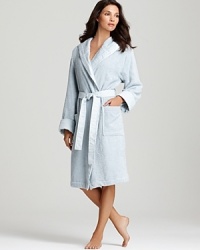 Relax in luxury! Hooded waffle robe with piqué trim on front facing, cuffs and belt. Relax in luxury! Hooded waffle robe with piqué trim on front facing, cuffs and belt.