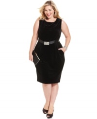 Soft velvet makes this plus size Alex Evenings dress season-perfect while a jeweled rhinestone belt elevates the look to soiree-sensation. Soft velvet makes this plus size Alex Evenings dress season-perfect while a jeweled rhinestone belt elevates the look to soiree-sensation.