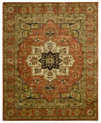 For the Jaipur collection Nourison uses a unique herbal wash to create the silky sheen and antique appearance of these fine wool rugs. In an earthy brick palette with an ornate yet structural motif, the rug enhances your home with lavishly elegant style. For the Jaipur collection Nourison uses a unique herbal wash to create the silky sheen and antique appearance of these fine wool rugs. In an earthy brick palette with an ornate yet structural motif, the rug enhances your home with lavishly elegant style.