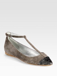 Charming silhouette of buttery suede, finished with a metallic pointed cap toe and adjustable ankle strap. Suede upperPoint toeLeather lining and solePadded insoleImportedOUR FIT MODEL RECOMMENDS ordering one half size up as this style runs small. Charming silhouette of buttery suede, finished with a metallic pointed cap toe and adjustable ankle strap. Suede upperPoint toeLeather lining and solePadded insoleImportedOUR FIT MODEL RECOMMENDS ordering one half size up as this style runs small.