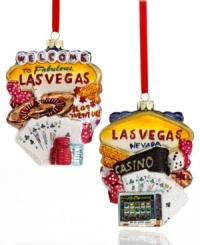 You're in luck. The Las Vegas ornament from Kurt Adler brings the bright lights and fabulous spirit of Sin City to your tree in colorful glass. Shown front and back. You're in luck. The Las Vegas ornament from Kurt Adler brings the bright lights and fabulous spirit of Sin City to your tree in colorful glass. Shown front and back.