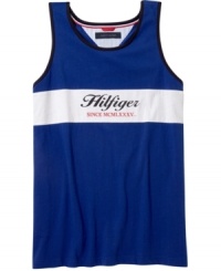 Throwback style. A vintage look on this tank from Tommy Hilfiger makes it perfect for backyard basketball. Throwback style. A vintage look on this tank from Tommy Hilfiger makes it perfect for backyard basketball.