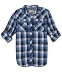 With roll-tab sleeves, asymmetrical chest pockets and allover gingham, this long-sleeved shirt from DKNY Jeans checks off every box on your style list. With roll-tab sleeves, asymmetrical chest pockets and allover gingham, this long-sleeved shirt from DKNY Jeans checks off every box on your style list.
