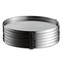 Designed by Arne Jacobsen in 1970 as part of the Cylinda Line, these coasters, with holder, will stylishly protect your table. Made in Denmark. Designed by Arne Jacobsen in 1970 as part of the Cylinda Line, these coasters, with holder, will stylishly protect your table. Made in Denmark.