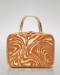 A smattering of gold makes this cosmetics case from Stephanie Johnson impossible to resist, yet it's snap out pockets and removable pouch make it functional. A smattering of gold makes this cosmetics case from Stephanie Johnson impossible to resist, yet it's snap out pockets and removable pouch make it functional.