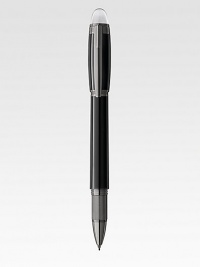 Fineliner with spring mechanism at tip, with barrel and cap made of precious resin and floating logo emblem.FinelinerUses Midnight Black refillsRuthenium-plated clipResin with inlaid logo emblemAbout 5½ longMade in Germany