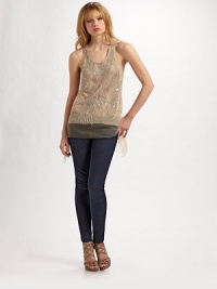 A splash of sequins sparkle on this subtly glam design.Scoopneck Sleeveless Racerback About 27 from shoulder to hem Top layer: nylon Bottom layer: silk Dry clean Imported A splash of sequins sparkle on this subtly glam design.Scoopneck Sleeveless Racerback About 27 from shoulder to hem Top layer: nylon Bottom layer: silk Dry clean Imported
