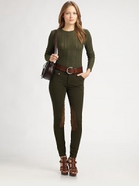 A modern reinterpretation of classic equestrian style, this sleek design is rendered in comfortable stretch twill with suede patches and brass ankle accents.Belt loopsSnap closureZip flySlash pocketsSuede patchesBrass ankle accentsInseam, about 28Cotton/elastaneDry clean by leather specialistImported Model shown is 5'7½ (170cm) wearing US size 4. A modern reinterpretation of classic equestrian style, this sleek design is rendered in comfortable stretch twill with suede patches and brass ankle accents.Belt loopsSnap closureZip flySlash pocketsSuede patchesBrass ankle accentsInseam, about 28Cotton/elastaneDry clean by leather specialistImported Model shown is 5'7½ (170cm) wearing US size 4.