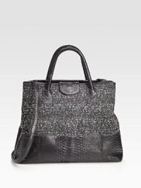 A textural style in rich boucle fabric with exotic python accents.Double top handles, 5 dropDetachable shoulder strap, 22½Magnetic flap closureOne open and two zip inner compartmentsTwo pen holdersMoney clipFully lined14½W X 12½H X 5DMade in USA A textural style in rich boucle fabric with exotic python accents.Double top handles, 5 dropDetachable shoulder strap, 22½Magnetic flap closureOne open and two zip inner compartmentsTwo pen holdersMoney clipFully lined14½W X 12½H X 5DMade in USA