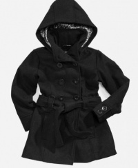 Dollhouse Toddler Girls Double Breasted Wool Blend Hooded Jacket with Belt - Black (Large, Size 4T)