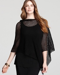 The perfect transitional knit, this Eileen Fisher Plus poncho offers season-spanning appeal with lightweight mesh in chic black. Slip it on for an instant fashion kick. The perfect transitional knit, this Eileen Fisher Plus poncho offers season-spanning appeal with lightweight mesh in chic black. Slip it on for an instant fashion kick.