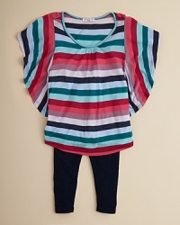 Stripes aflutter on this two piece Little Ella set--a brightly patterned flutter sleeve top teams with comfy black leggings. Stripes aflutter on this two piece Little Ella set--a brightly patterned flutter sleeve top teams with comfy black leggings.