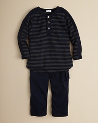 An earthy look in stripes, this henley enjoys the added textures of waffleknit trim. Matched with the cargo pant, it's a complete outfit perfect for everyday play. An earthy look in stripes, this henley enjoys the added textures of waffleknit trim. Matched with the cargo pant, it's a complete outfit perfect for everyday play.