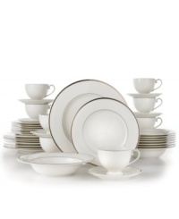 Elegance on a grand scale. With service for 8, this Cameo Platinum set is a dream for formal entertaining and holiday affairs. From Mikasa dinnerware, the dishes are bright white fine china finished with polished platinum bands that ensure an unforgettably refined table. Elegance on a grand scale. With service for 8, this Cameo Platinum set is a dream for formal entertaining and holiday affairs. From Mikasa dinnerware, the dishes are bright white fine china finished with polished platinum bands that ensure an unforgettably refined table.