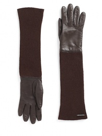 THE LOOKLeather gloves Ribbed extended cuffsMetal logo accentTHE MATERIAL60% wool/40% leatherPartially linedCARE & ORIGINDry clean by leather specialistMade in Italy