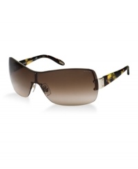 This shield creates a rimless appearance for a sleek look. It also features beautiful lens colors in gray gradient and acetate temple colors in gold. This shield creates a rimless appearance for a sleek look. It also features beautiful lens colors in gray gradient and acetate temple colors in gold.
