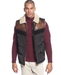 A puffer vest with a touch of cowboy style: Sean John down vest with contrast yoke and shearling-look collar and lining. A puffer vest with a touch of cowboy style: Sean John down vest with contrast yoke and shearling-look collar and lining.