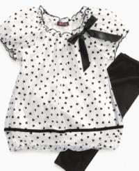 Charming dot bubble tunic accented with bow plus solid leggings set by Tempted. Charming dot bubble tunic accented with bow plus solid leggings set by Tempted.