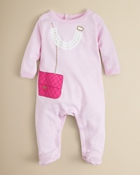 Your little lady-about-town will look adorable in this necklace and purse print footie from Sara Kety. Your little lady-about-town will look adorable in this necklace and purse print footie from Sara Kety.