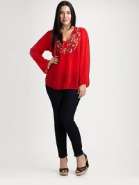 A timeless, bohemian style that offers you a relaxed-yet-flattering fit, a feminine neckline and ethereal fabrication.Self-tie detail at v-necklineLong sleevesEmbroidered detailsAbout 32 from shoulder to hemRayonMachine washImported A timeless, bohemian style that offers you a relaxed-yet-flattering fit, a feminine neckline and ethereal fabrication.Self-tie detail at v-necklineLong sleevesEmbroidered detailsAbout 32 from shoulder to hemRayonMachine washImported