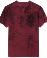 A split v-neck collar and a graphic print give this Retrofit t-shirt a stylish edgy look. A split v-neck collar and a graphic print give this Retrofit t-shirt a stylish edgy look.