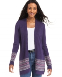 Charter Club's cozy open-front cardigan features Fair Isle knit and beading embellishment for the right sparkling touch. It's perfect for the weekend with jeans and a tee! Charter Club's cozy open-front cardigan features Fair Isle knit and beading embellishment for the right sparkling touch. It's perfect for the weekend with jeans and a tee!