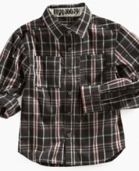 Keep his look locked down with the modern look of this Breton plaid shirt from DKNY. Keep his look locked down with the modern look of this Breton plaid shirt from DKNY.