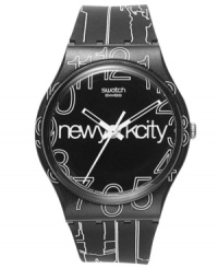 Sport a New York state of mind with this NYC skyline printed Swatch watch, from the Lines in the Sky collection. Sport a New York state of mind with this NYC skyline printed Swatch watch, from the Lines in the Sky collection.