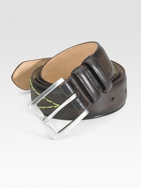 Rich, smooth leather is detailed with contrast stitching and a silvertone buckle.LeatherAbout 1¼ wideImported Rich, smooth leather is detailed with contrast stitching and a silvertone buckle.LeatherAbout 1¼ wideImported