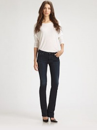 Unavoidably chic denim in an ultra-dark wash with timeless bootcut construction and a medium rise. THE FITMedium rise, about 8½Inseam, about 33THE DETAILSButton closureZip flyFive-pocket style98% cotton/2% polyurethaneMachine washMade in USA of imported fabricModel shown is 5'10 (177cm) wearing US size 2. Unavoidably chic denim in an ultra-dark wash with timeless bootcut construction and a medium rise. THE FITMedium rise, about 8½Inseam, about 33THE DETAILSButton closureZip flyFive-pocket style98% cotton/2% polyurethaneMachine washMade in USA of imported fabricModel shown is 5'10 (177cm) wearing US size 2.