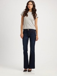 Medium rise and flared hems add flattering proportions to these dark-wash jeans of soft stretch cotton. THE FITMedium rise, about 8Inseam, about 32THE DETAILSZip flyFour-pocket style98% cotton/2% polyurethaneMachine washImportedModel shown is 5'10 (177cm) wearing US size 4. Medium rise and flared hems add flattering proportions to these dark-wash jeans of soft stretch cotton. THE FITMedium rise, about 8Inseam, about 32THE DETAILSZip flyFour-pocket style98% cotton/2% polyurethaneMachine washImportedModel shown is 5'10 (177cm) wearing US size 4.