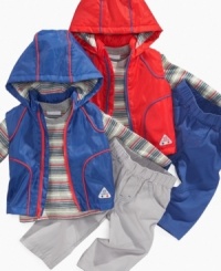 Suit him up for adventure with this stylish shirt, hooded vest and pant 3-piece set from First Impressions. Suit him up for adventure with this stylish shirt, hooded vest and pant 3-piece set from First Impressions.