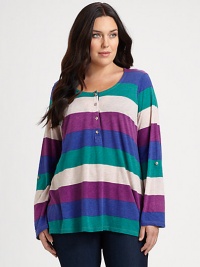 Super-soft cotton and modal combine to add a luxurious feel to this striped top. Your favorite jeans go impeccably with this classic top.Round neckRoll-tab sleevesButton placketPull-on styleAbout 25 from shoulder to hemCotton/modalMachine washMade in USA Super-soft cotton and modal combine to add a luxurious feel to this striped top. Your favorite jeans go impeccably with this classic top.Round neckRoll-tab sleevesButton placketPull-on styleAbout 25 from shoulder to hemCotton/modalMachine washMade in USA