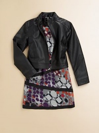Quilted seam detailing and stand collar make this jacket the perfect edgy accent to any girlish frock.Stand collarTonal quilted seamingFront zip closureDual welt pockets55% polyurethane/45% rayonFully linedHand washImported Quilted seam detailing and stand collar make this jacket the perfect edgy accent to any girlish frock.Stand collarTonal quilted seamingFront zip closureDual welt pockets55% polyurethane/45% rayonFully linedHand washImported