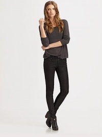 An irresistible sueded look and classic five-pocket design give these slim-fit jeans must-have status.Button closureZip flyBelt loopsFive-pocket styleMetal rivet detailsInseam, about 30Rise, about 8Body: 98% cotton/2% polyurethaneContrast: stretch lambskinDry clean by leather specialistMade in USA of imported fabric Model shown is 5'10 (177cm) wearing US size 4. An irresistible sueded look and classic five-pocket design give these slim-fit jeans must-have status.Button closureZip flyBelt loopsFive-pocket styleMetal rivet detailsInseam, about 30Rise, about 8Body: 98% cotton/2% polyurethaneContrast: stretch lambskinDry clean by leather specialistMade in USA of imported fabric Model shown is 5'10 (177cm) wearing US size 4.