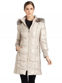 THE LOOKDetachable hood with genuine silver fox fur trimStand collarLong sleeves with ribbed cuffsFull-zip frontSide zippered slash pocketsRuched designFully linedTHE FITAbout 34 from shoulder to hemTHE MATERIALShell: Polyester/NylonFill: Down/WaterfowlCARE & ORIGINMachine wash coldImportedFur origin: ChinaModel shown is 5'10 (177cm) wearing US size Small. THE LOOKDetachable hood with genuine silver fox fur trimStand collarLong sleeves with ribbed cuffsFull-zip frontSide zippered slash pocketsRuched designFully linedTHE FITAbout 34 from shoulder to hemTHE MATERIALShell: Polyester/NylonFill: Down/WaterfowlCARE & ORIGINMachine wash coldImportedFur origin: ChinaModel shown is 5'10 (177cm) wearing US size Small.