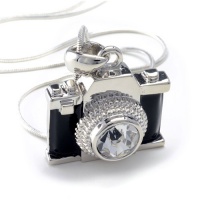 Silvertone Miniature Black Crystal Camera Pendant Necklace 18 Silvertone Miniature Black Crystal Camera Pendant Necklace 18