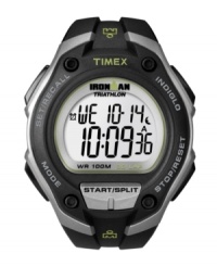 Beat your best time with this durable Ironman watch by Timex. Black resin strap and round case. Green logo at bezel. Positive display digital dial features INDIGLO night-light, chronograph, 30-lap memory recall, lap counter and countdown timer. Quartz movement. Water resistant to 100 meters. One-year limited warranty. Beat your best time with this durable Ironman watch by Timex. Black resin strap and round case. Green logo at bezel. Positive display digital dial features INDIGLO night-light, chronograph, 30-lap memory recall, lap counter and countdown timer. Quartz movement. Water resistant to 100 meters. One-year limited warranty.