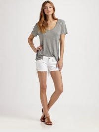 Soft denim basic with an enticing frayed hem and ultra-short silhouette. Button closureZip flyFront slash pocketsBack flap pocketsCottonMachine washMade in USAModel shown is 5'10 (177cm) wearing US size 4. Soft denim basic with an enticing frayed hem and ultra-short silhouette. Button closureZip flyFront slash pocketsBack flap pocketsCottonMachine washMade in USAModel shown is 5'10 (177cm) wearing US size 4.