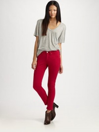Skinny fit capris in the season's hottest shade, features soft cotton blend denim construction.THE FITFitted through hips and thighsMedium rise, about 8Inseam, about 28THE DETAILSZip flyFive-pocket styleFront rivets96% cotton/4% roicaMachine washMade in USA of imported fabricModel shown is 5'9 (175cm) wearing US size 4. Skinny fit capris in the season's hottest shade, features soft cotton blend denim construction.THE FITFitted through hips and thighsMedium rise, about 8Inseam, about 28THE DETAILSZip flyFive-pocket styleFront rivets96% cotton/4% roicaMachine washMade in USA of imported fabricModel shown is 5'9 (175cm) wearing US size 4.