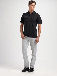 Zippers and cargo pockets add utilitarian structure to this light cotton polo.Point collarButton-down half-placketShort sleevesZip-pocketsButton-flap pocketsCottonMachine washImported Zippers and cargo pockets add utilitarian structure to this light cotton polo.Point collarButton-down half-placketShort sleevesZip-pocketsButton-flap pocketsCottonMachine washImported