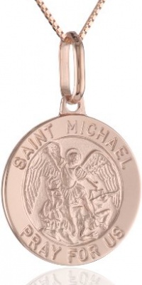 14k Pink Gold Round St. Michael Medal Pendant Necklace, 18 14k Pink Gold Round St. Michael Medal Pendant Necklace, 18
