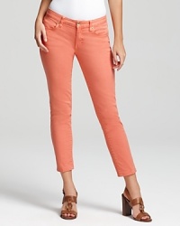 These sherbet-hued Tory Burch jeans amp up workweek attire with a slim cut and a versatile ankle-grazing cropped silhouette. These sherbet-hued Tory Burch jeans amp up workweek attire with a slim cut and a versatile ankle-grazing cropped silhouette.